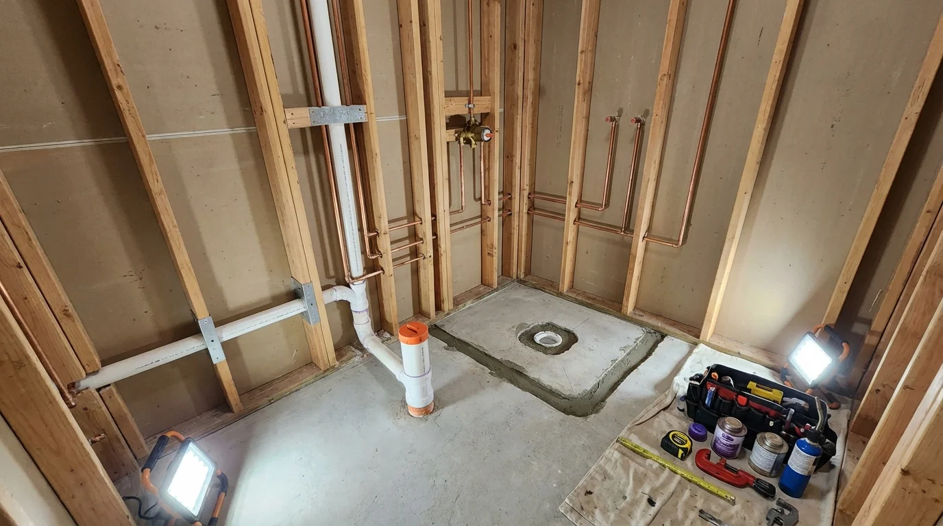 Bathroom rough-in plumbing during remodel by Johns Plumbing LLC in Saint Cloud