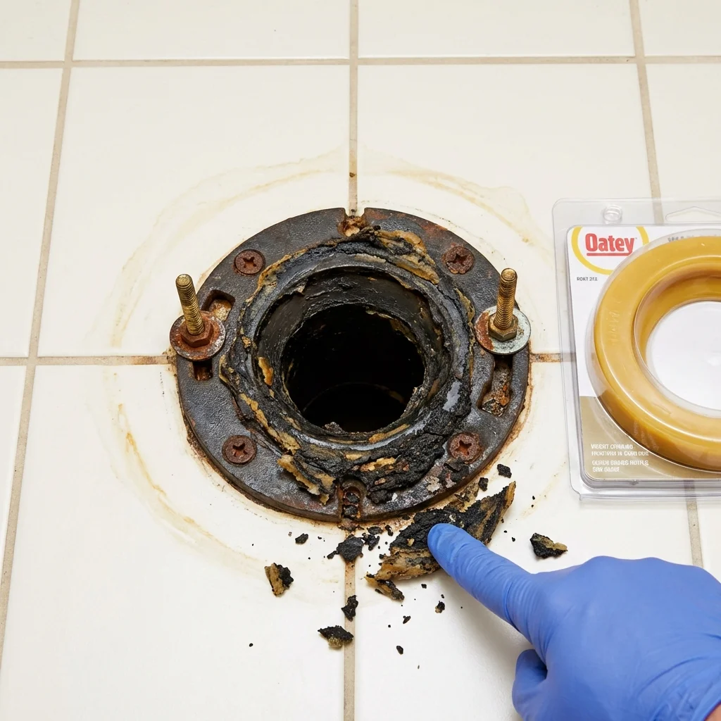 Failed wax ring showing water seepage at the base of a toilet in a Saint Cloud, MN home